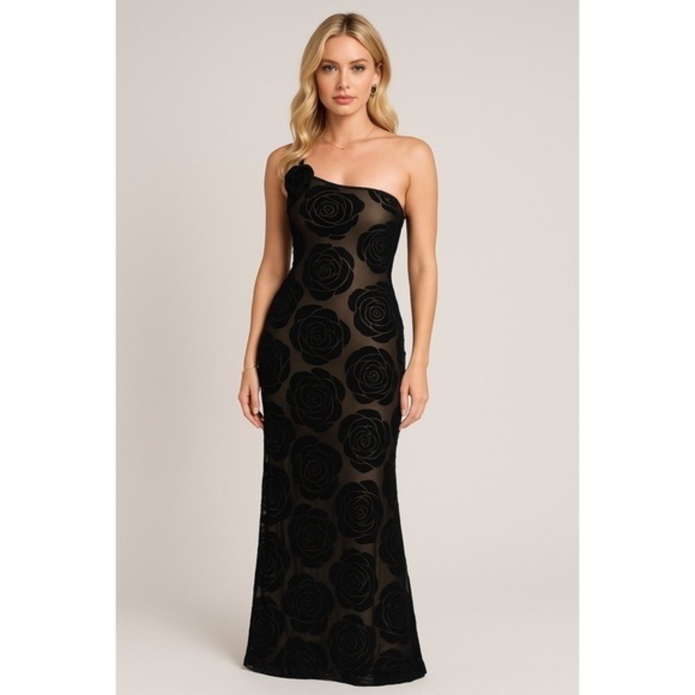 COMMENSE Jacquard Floral Asymmetrical Black Maxi Dress 3D Rose Evening Gown M - Picture 3 of 15